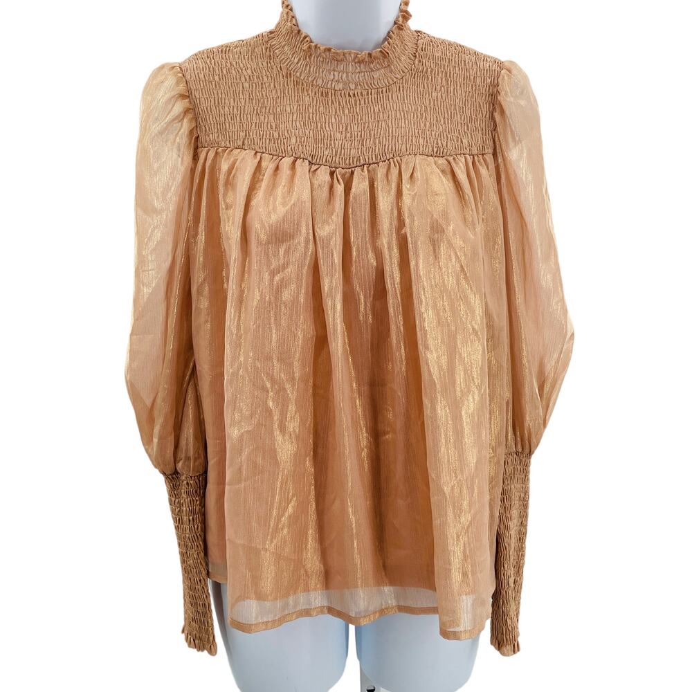 Aeom Gold Shiny Gathered Bodice & Cuff Long Sleeve Boho Retro Blouse XS NWT